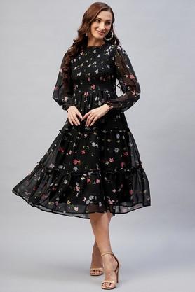 floral georgette high neck womens midi dress - black