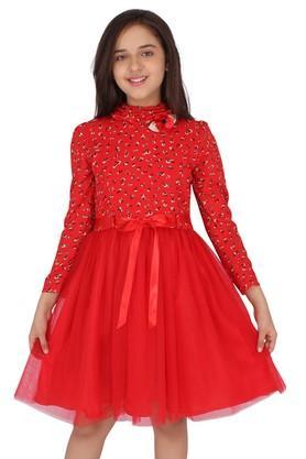 floral georgette round neck girls casual dress - red