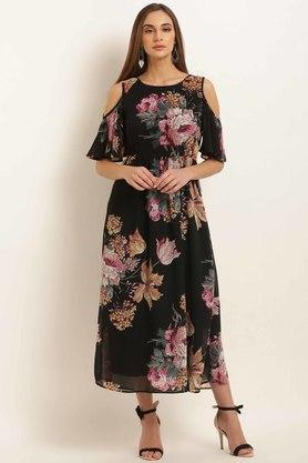 floral georgette round neck women's flared dress - black