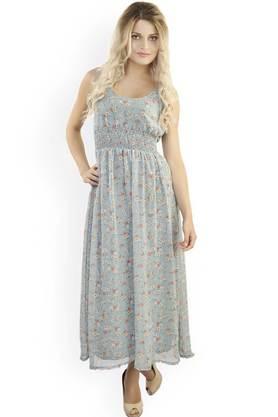 floral georgette round neck women's knee length dress - grey