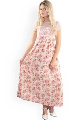 floral georgette round neck women's knee length dress - off white