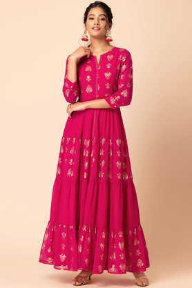 floral georgette round neck women's kurta - pink