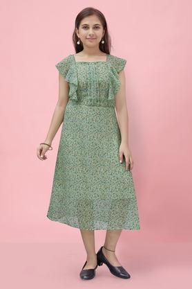 floral georgette square neck girls party wear dress - green