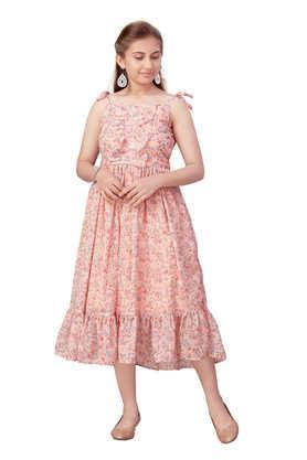 floral georgette square neck girls party wear dress - peach