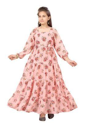 floral georgette square neck girls party wear dress - peach