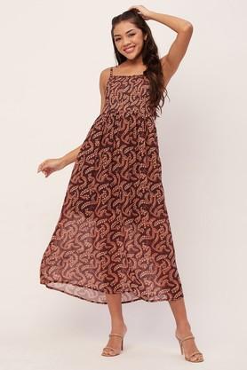 floral georgette square neck women's maxi dress - brown