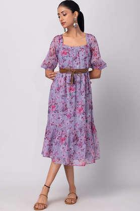 floral georgette square neck women's maxi dress - purple