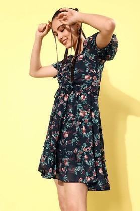 floral georgette square neck womens dress - navy
