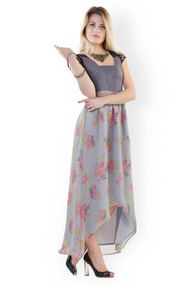 floral georgette square neck womens knee length dress