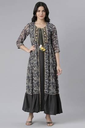 floral georgette u-neck women's ethnic dress - grey