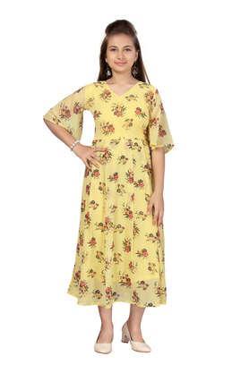 floral georgette v-neck girls party wear dress - yellow