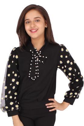 floral georgette v neck girls top - black