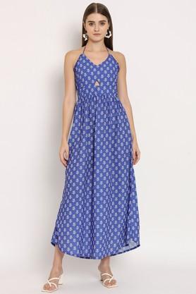 floral georgette v-neck women's maxi dress - blue