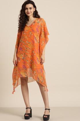 floral georgette v neck women's maxi dress - orange