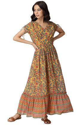 floral georgette v neck women's maxi dress - yellow