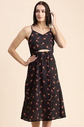 floral georgette v-neck women's midi dress - black