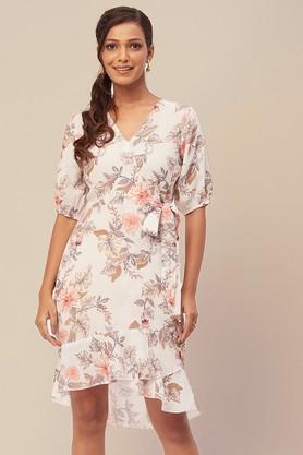 floral georgette v-neck women's midi dress - off white