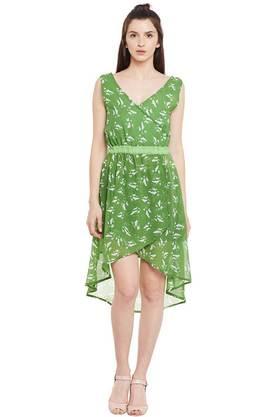 floral georgette v-neck women's mini dress - green