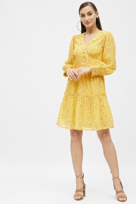 floral georgette v neck women's mini dress - yellow