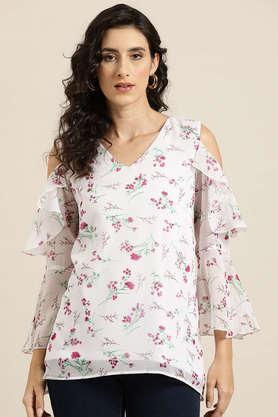 floral georgette v neck women's top - white