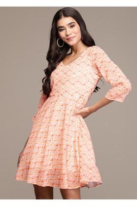 floral georgette v neck womens knee length dress - peach