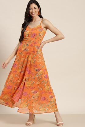 floral georgette v neck womens maxi dress - orange