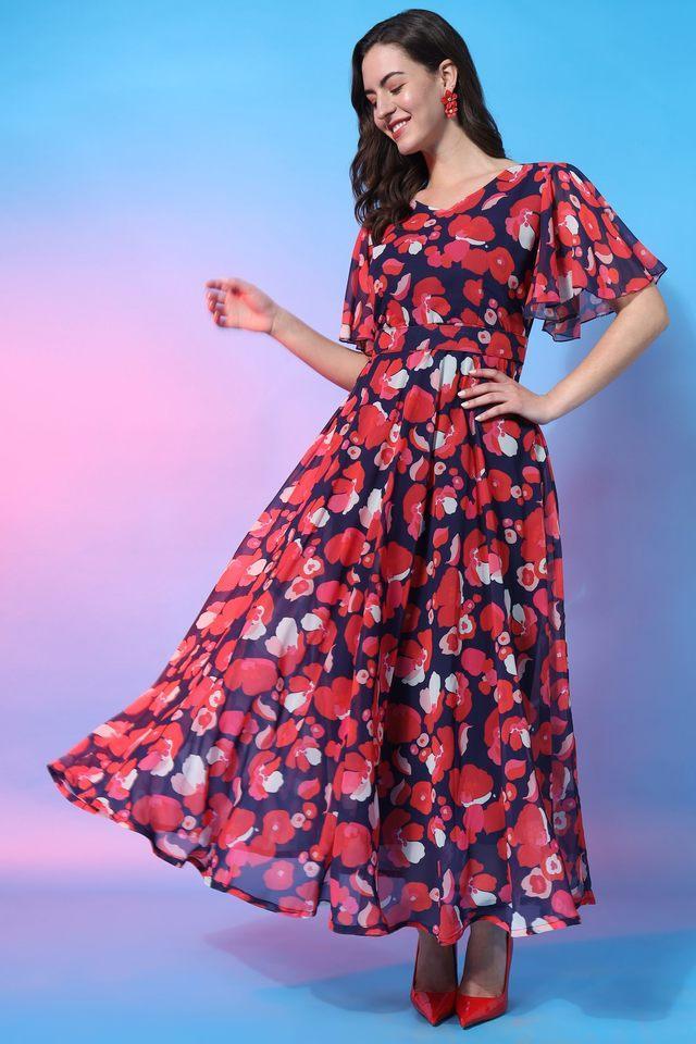 floral georgette v-neck womens maxi dress