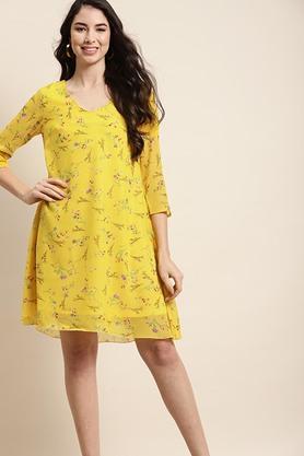 floral georgette v neck womens midi dress - yellow