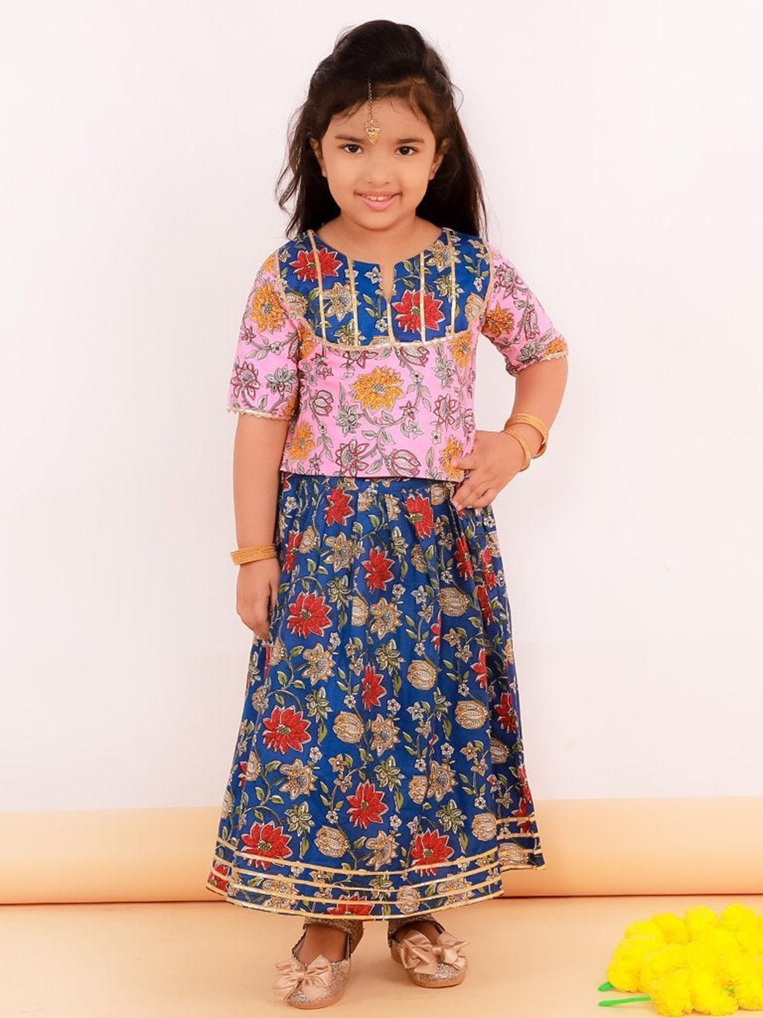 floral girls lehenga - pink and indigo (set of 2)