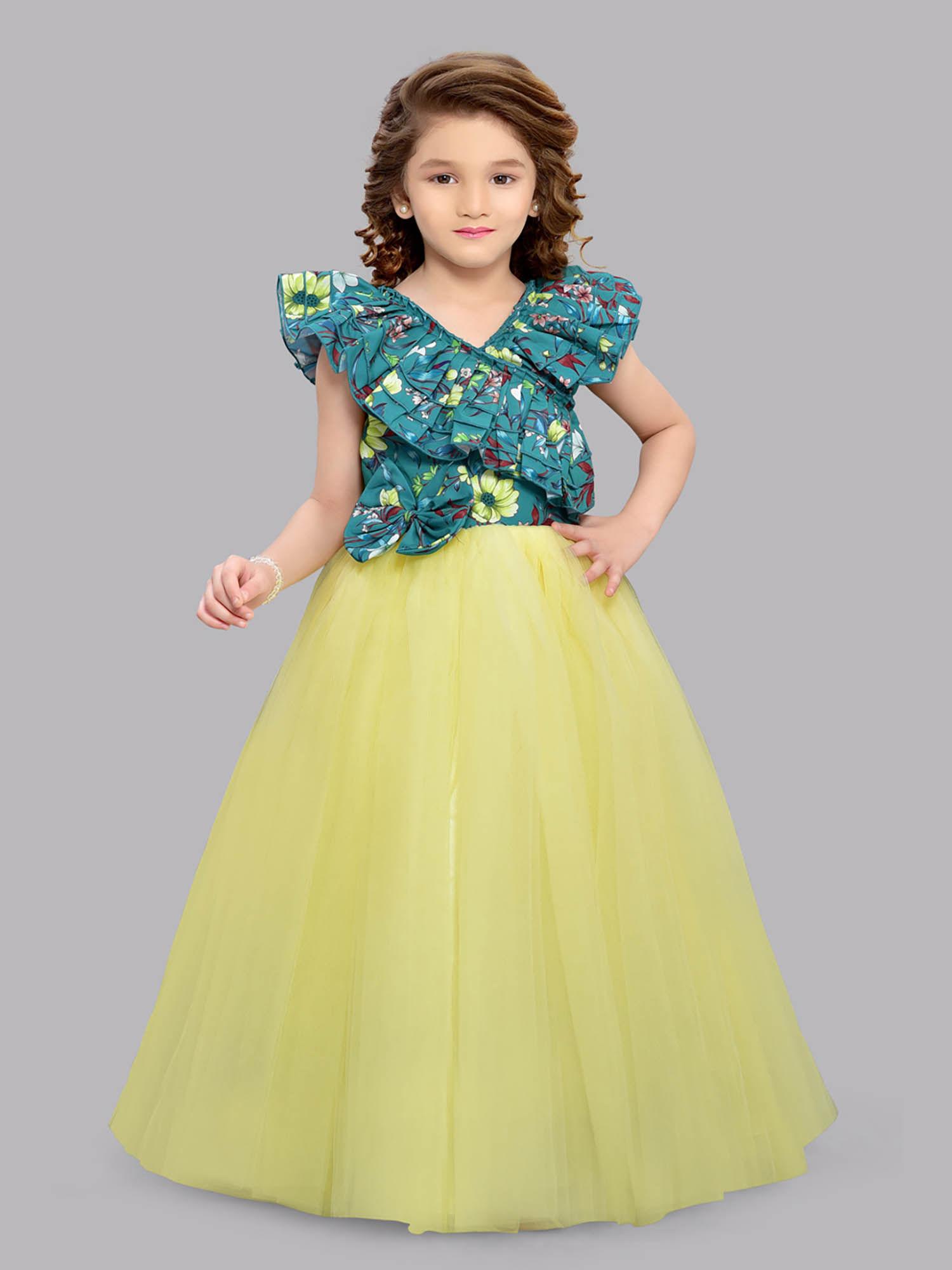 floral green bodice and yellow tulle gown