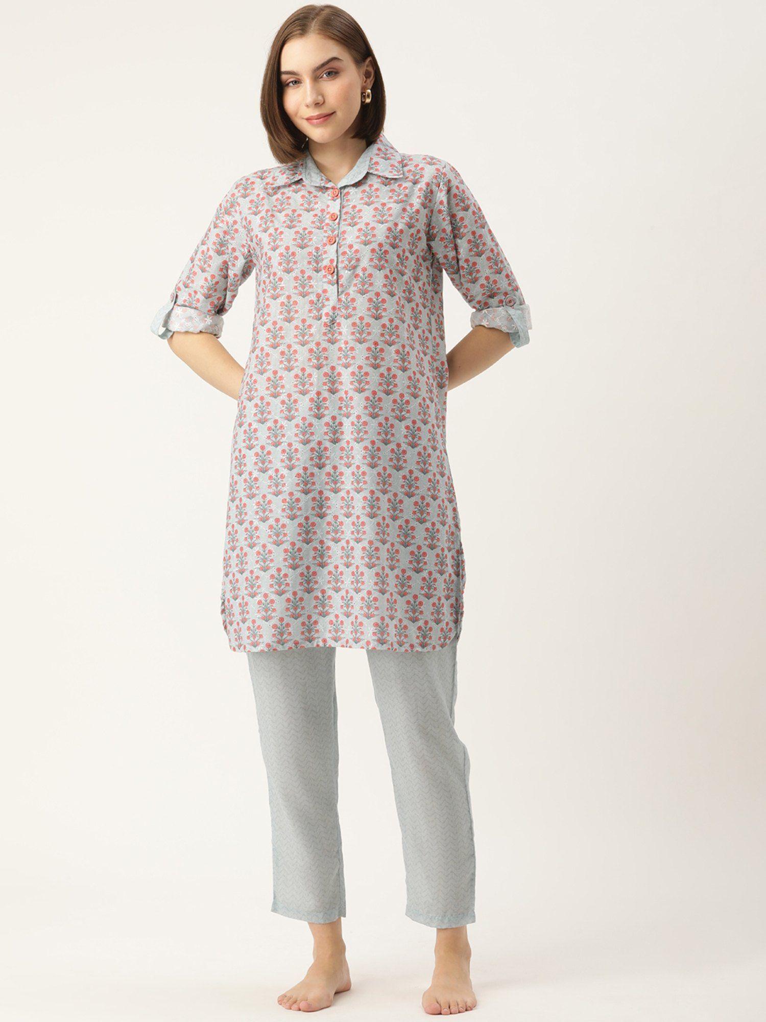 floral grey kurta & pyjama (set of 2)