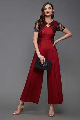 floral half sleeves rayon blend women's jumpsuit - maroon