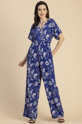 floral half sleeves rayon women's full length jumpsuit - blue