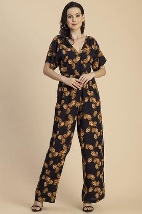 floral half sleeves rayon women's full length jumpsuit - navy