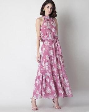 floral halter-neck tiered maxi dress with belt