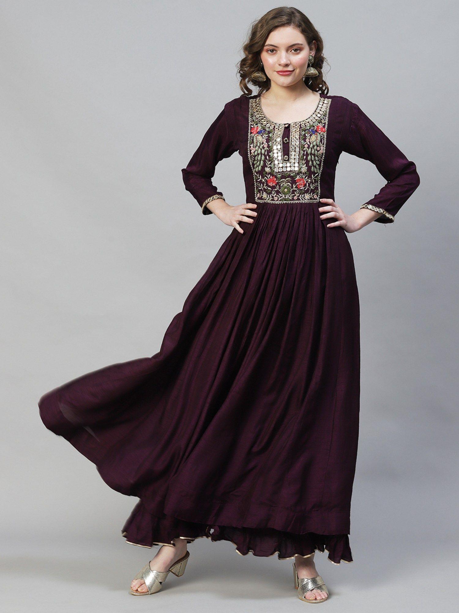 floral hand embroidered flared maxi dress - deep wine