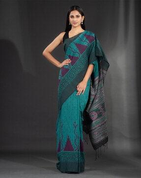 floral hand woven saree with tassels & unstitched blouse piece