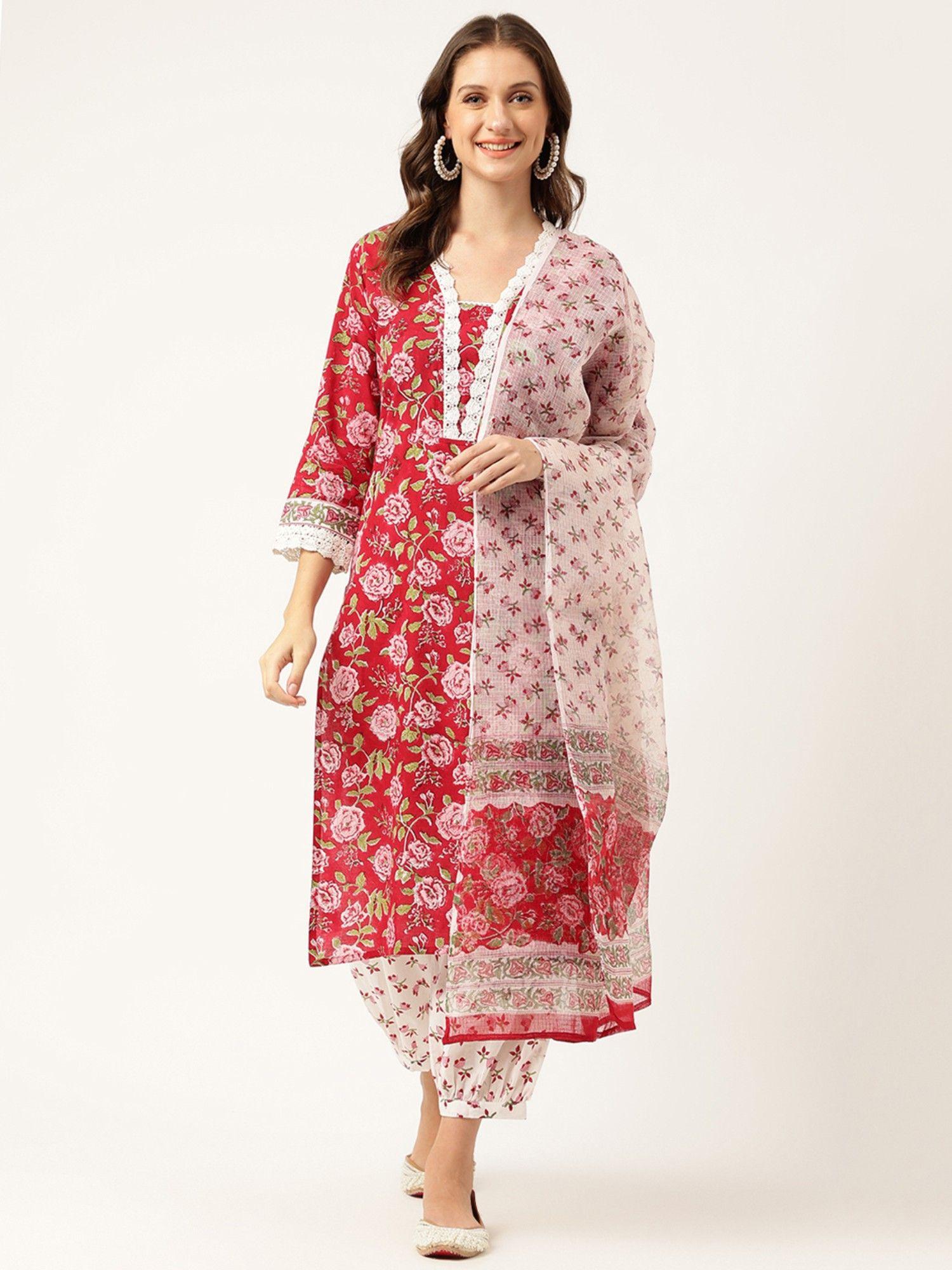 floral handblock cotton kurta with salwar and dupatta (set of 3)