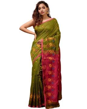 floral handloom saree with contrast border