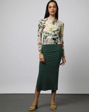 floral high neck bodycon mesh top