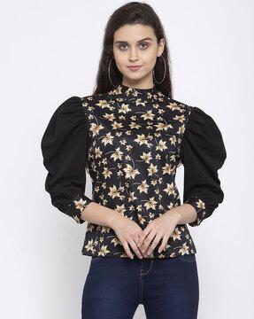 floral high-neck top with puff sleeves