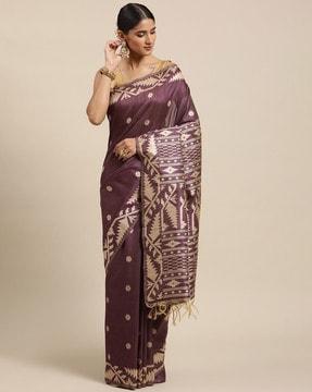 floral ikat printed woven design saree with tassels