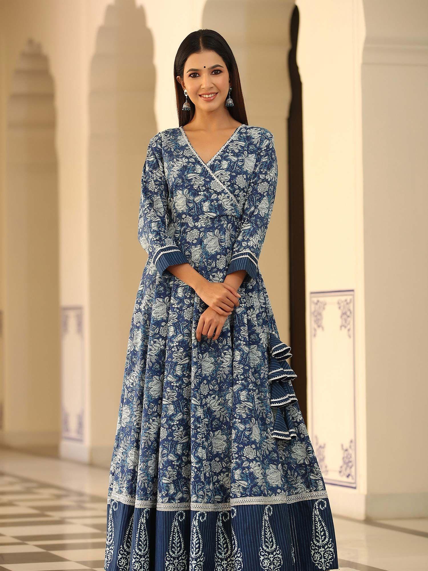 floral indigo angrakha kalidar dress