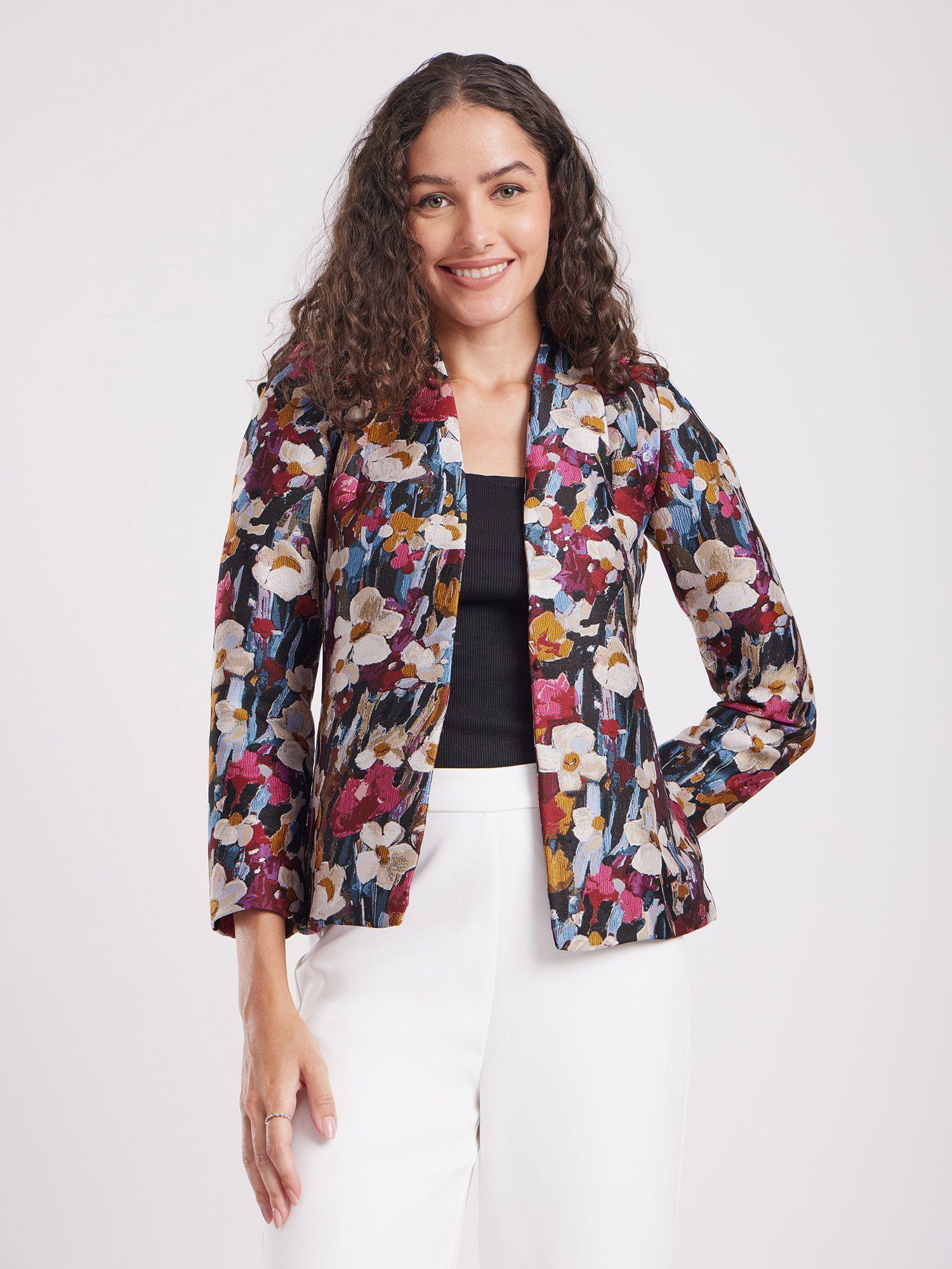 floral jacquard open front jacket - multicolour