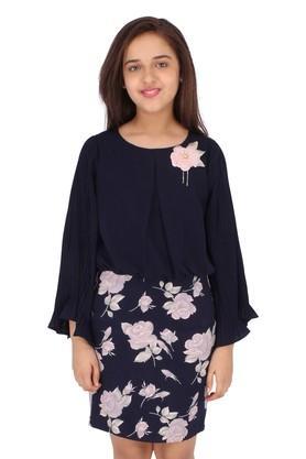 floral jacquard round neck girls casual dress - navy