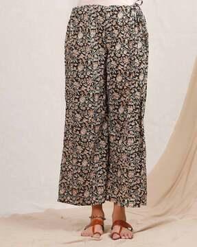 floral kalamkari print cotton palazzos with elasticated waist