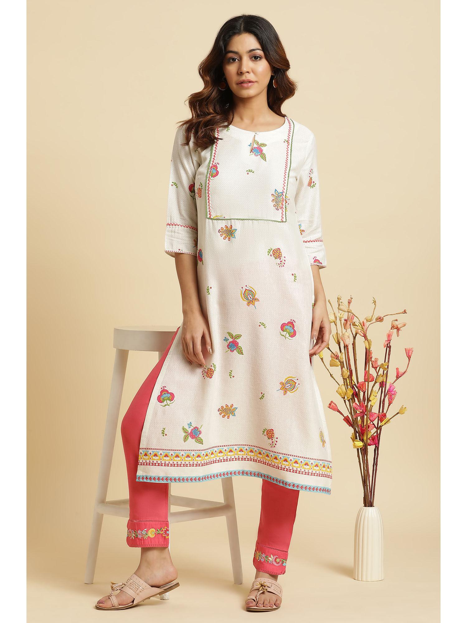 floral keyhole neck rayon white kurta