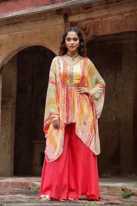 floral knee length silk woven women's kurta set - orange