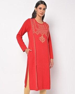 floral-knit crew-neck straight kurta