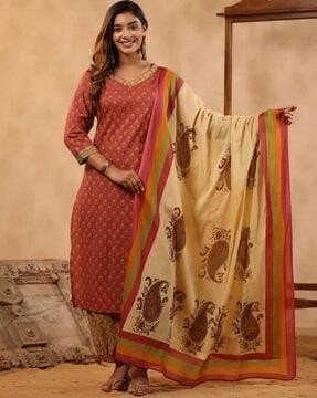 floral kurta & pants with printed dupatta